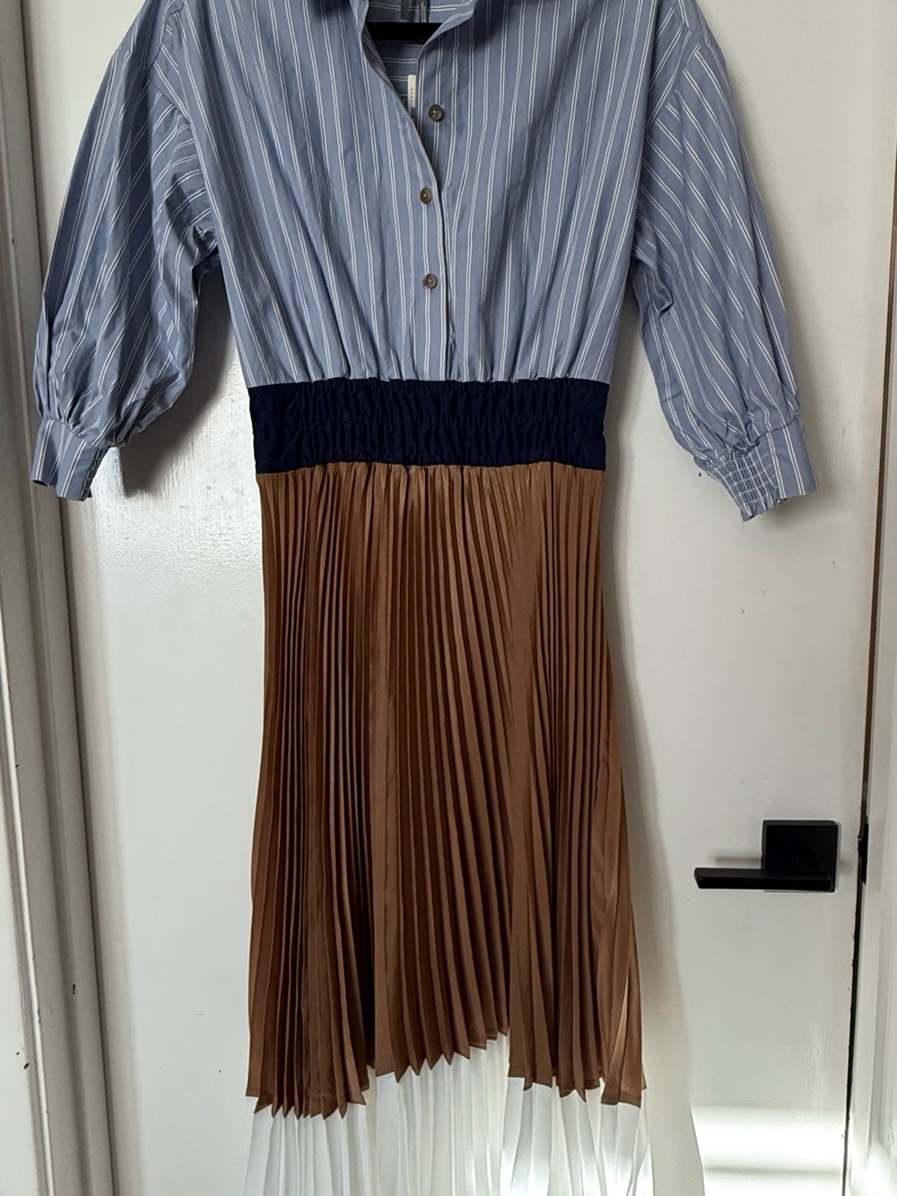 Anthropologie Striped Blue Shirt Top, Navy Waist, Camel & White pleat skirt